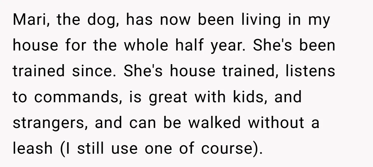Mari, the dog, has now been living in my house for the whole half year. She's been trained since. She's house trained, listens to commands, is great with kids, and...