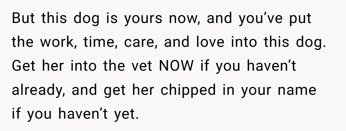 But this dog is yours now, and you’ve put the work, time, care, and love into this dog. Get her into the vet NOW if you haven’t already, and get...
