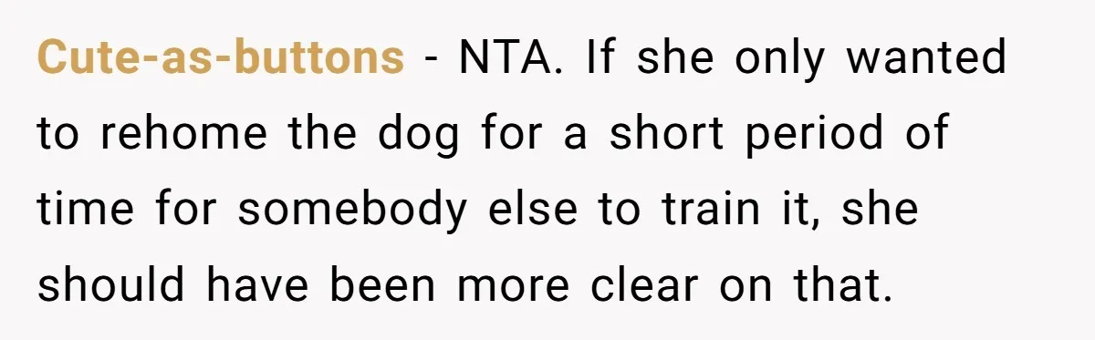 Cute-as-buttons − NTA. If she only wanted to rehome the dog for a short period of time for somebody else to train it, she should have been more clear on...