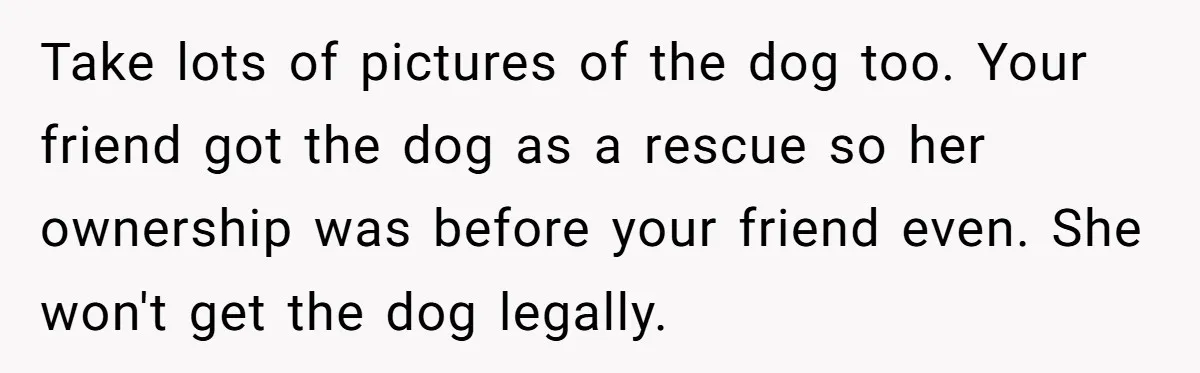 Take lots of pictures of the dog too. Your friend got the dog as a rescue so her ownership was before your friend even. She won't get the dog legally.