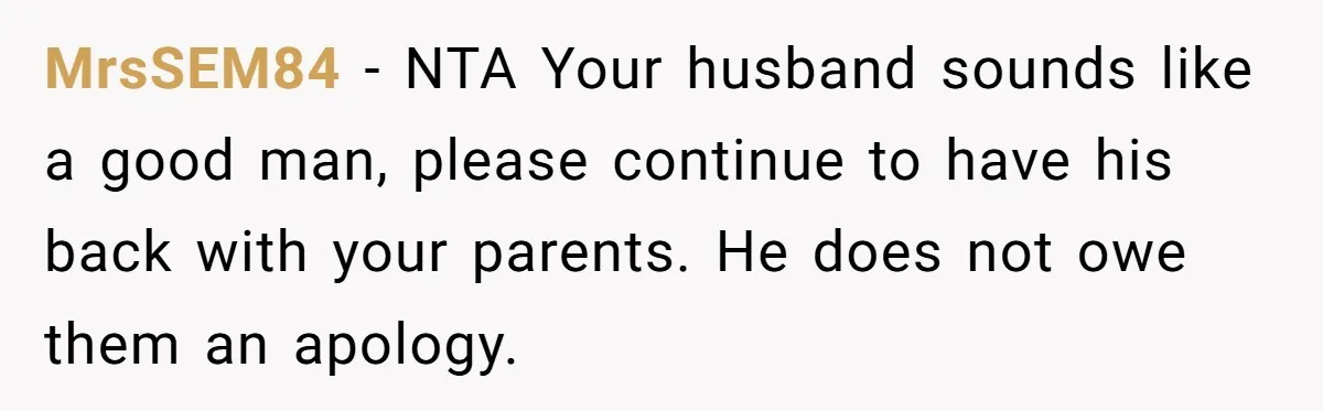 MrsSEM84 − NTA Your husband sounds like a good man, please continue to have his back with your parents. He does not owe them an apology.
