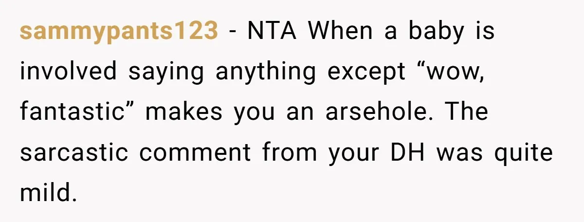 sammypants123 − NTA When a baby is involved saying anything except “wow, fantastic” makes you an arsehole. The sarcastic comment from your DH was quite mild.
