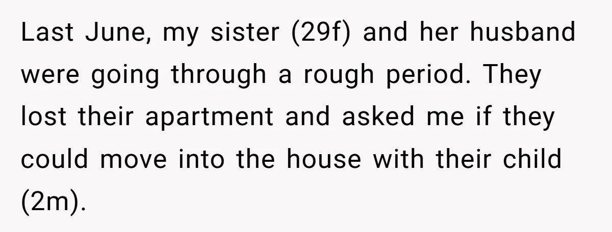 Last June, my sister (29f) and her husband were going through a rough period. They lost their apartment and asked me if they could move into the house with their...