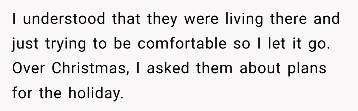 I understood that they were living there and just trying to be comfortable so I let it go. Over Christmas, I asked them about plans for the holiday.