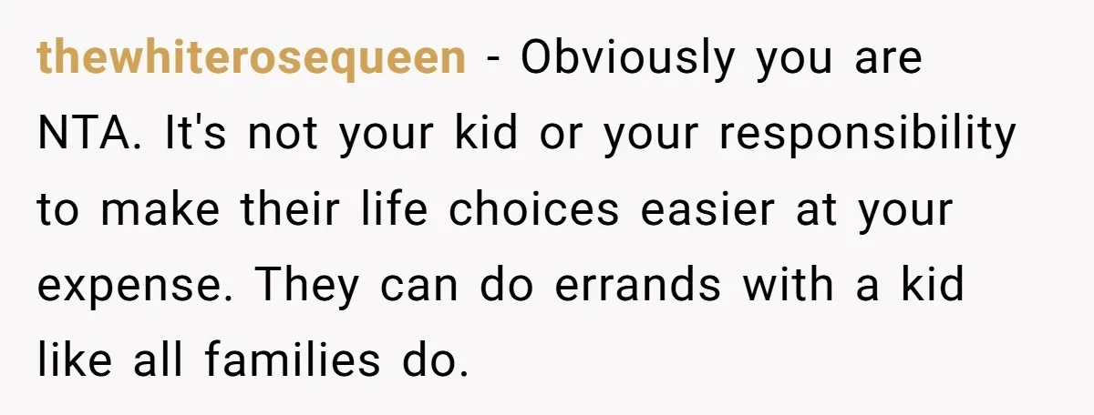 thewhiterosequeen − Obviously you are NTA. It's not your kid or your responsibility to make their life choices easier at your expense. They can do errands with a kid like...