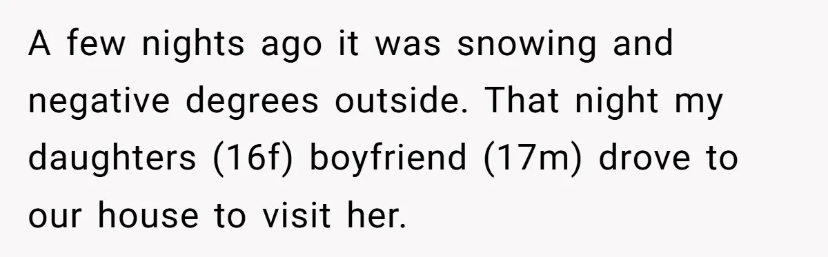 A few nights ago it was snowing and negative degrees outside. That night my daughters (16f) boyfriend (17m) drove to our house to visit her.