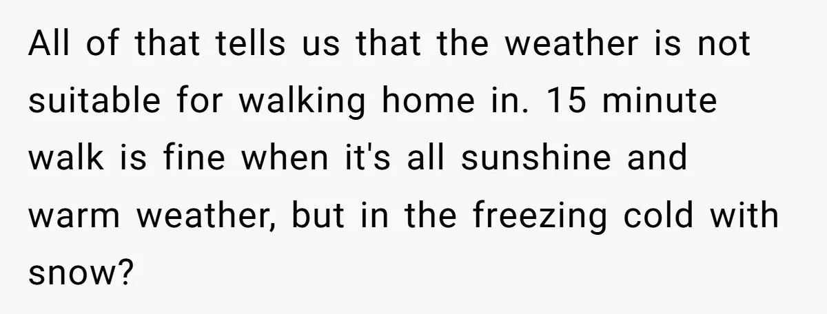 All of that tells us that the weather is not suitable for walking home in. 15 minute walk is fine when it's all sunshine and warm weather, but in the...