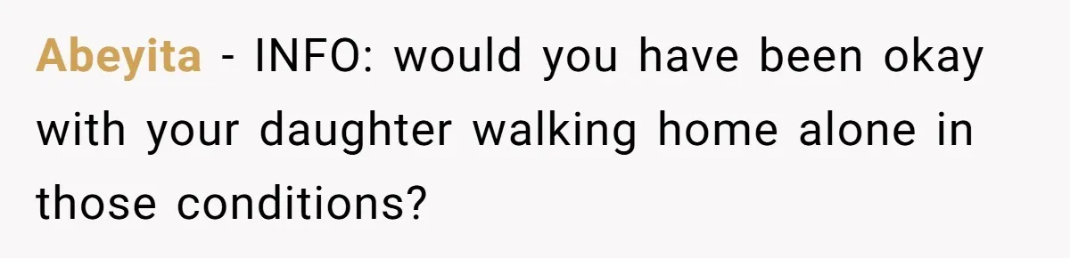 Abeyita − INFO: would you have been okay with your daughter walking home alone in those conditions?