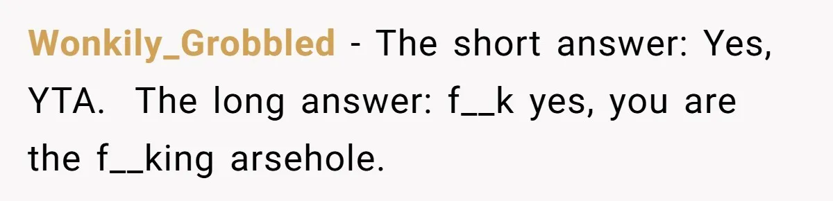 Wonkily_Grobbled − The short answer: Yes, YTA. ​ The long answer: f__k yes, you are the f__king arsehole.