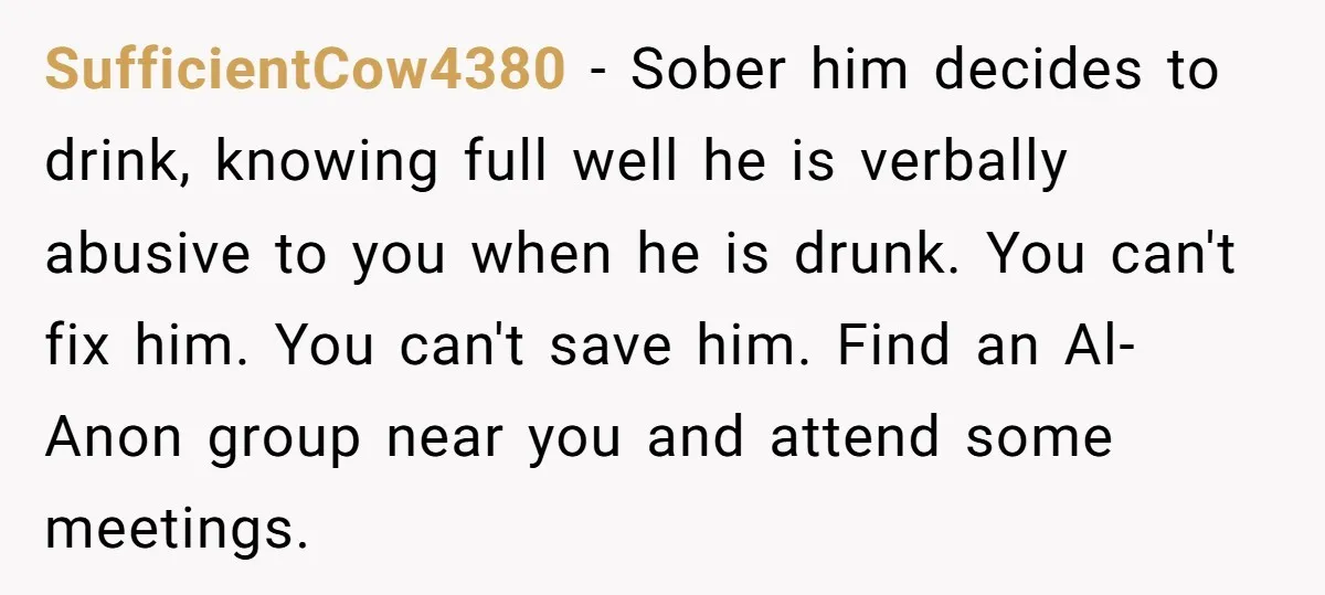 SufficientCow4380 − Sober him decides to drink, knowing full well he is verbally abusive to you when he is drunk. You can't fix him. You can't save him. Find an...