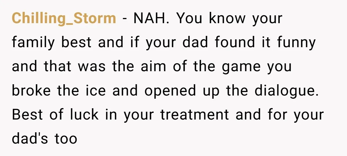 Chilling_Storm − NAH. You know your family best and if your dad found it funny and that was the aim of the game you broke the ice and opened up...