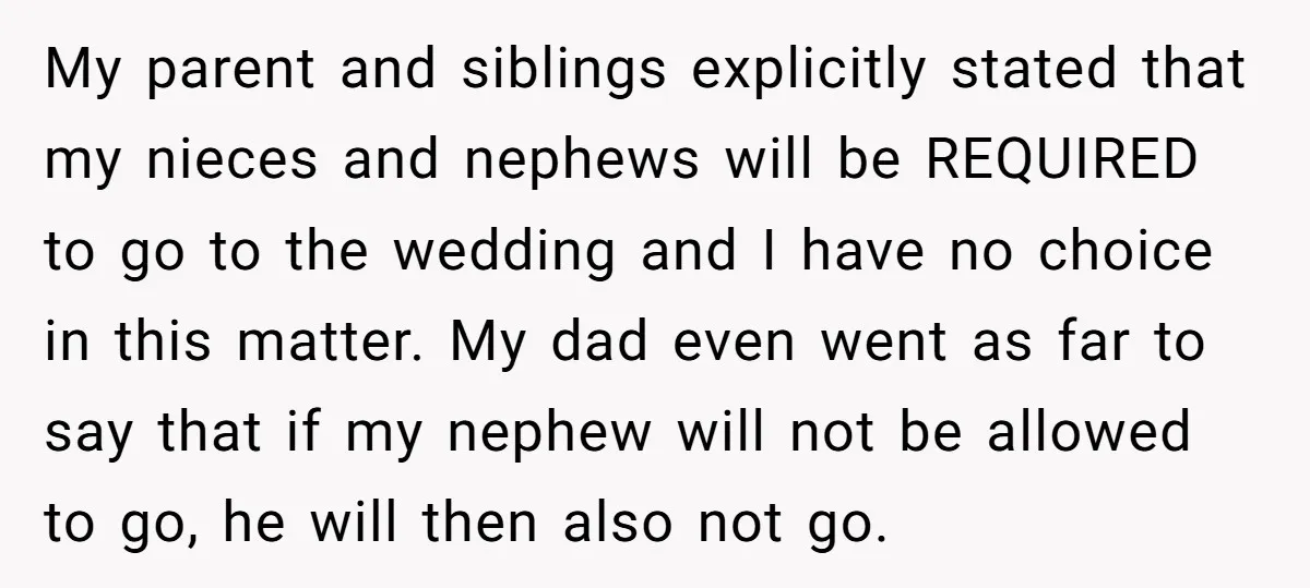 My parent and siblings explicitly stated that my nieces and nephews will be REQUIRED to go to the wedding and I have no choice in this matter. My dad even...