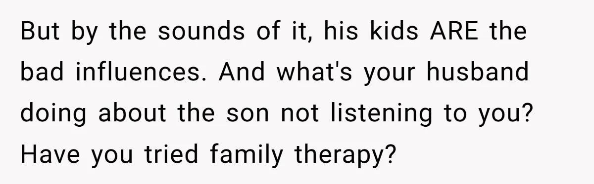 But by the sounds of it, his kids ARE the bad influences. And what's your husband doing about the son not listening to you? Have you tried family therapy?