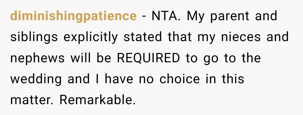 diminishingpatience − NTA. My parent and siblings explicitly stated that my nieces and nephews will be REQUIRED to go to the wedding and I have no choice in this matter....