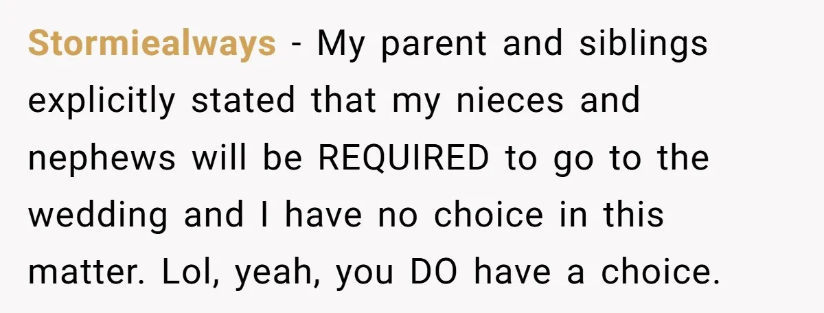Stormiealways − My parent and siblings explicitly stated that my nieces and nephews will be REQUIRED to go to the wedding and I have no choice in this matter. Lol,...