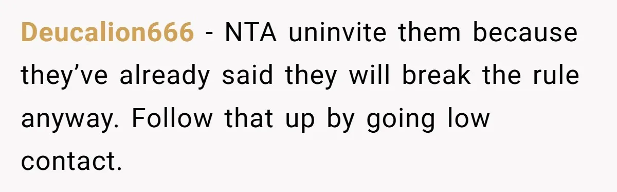 Deucalion666 − NTA uninvite them because they’ve already said they will break the rule anyway. Follow that up by going low contact.