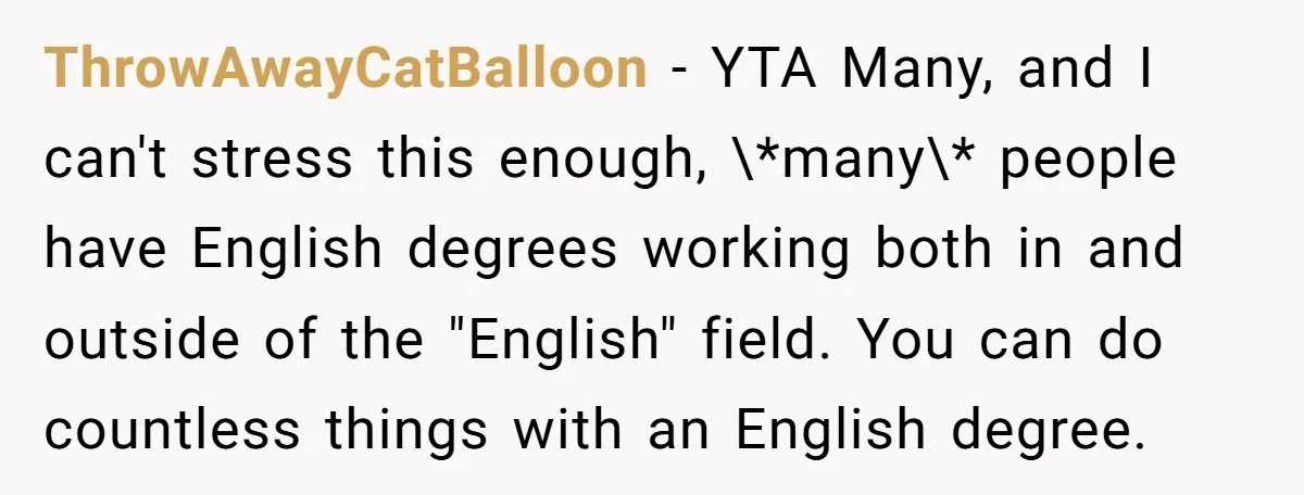 ThrowAwayCatBalloon − YTA Many, and I can't stress this enough, \*many\* people have English degrees working both in and outside of the "English" field. You can do countless things with...