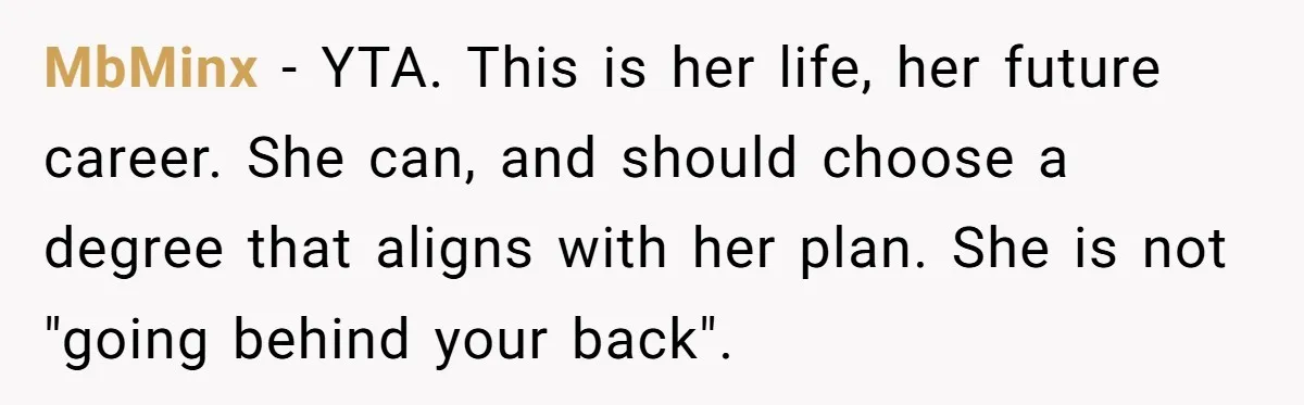 MbMinx − YTA. This is her life, her future career. She can, and should choose a degree that aligns with her plan. She is not "going behind your back".