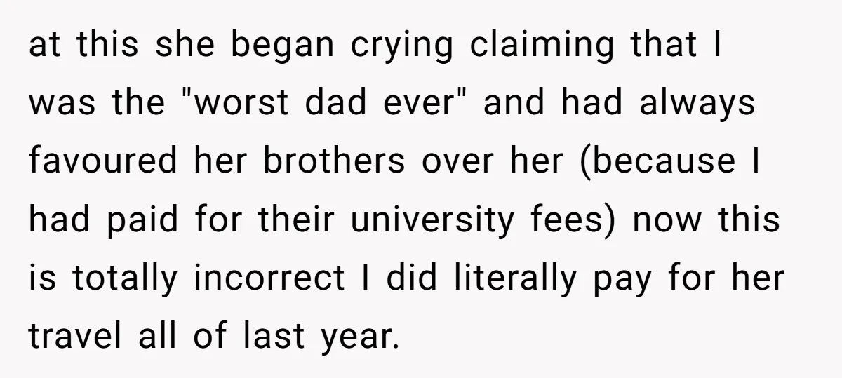 at this she began crying claiming that I was the "worst dad ever" and had always favoured her brothers over her (because I had paid for their university fees) now...
