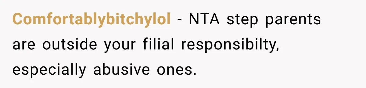 Comfortablybitchylol − NTA step parents are outside your filial responsibilty, especially abusive ones.
