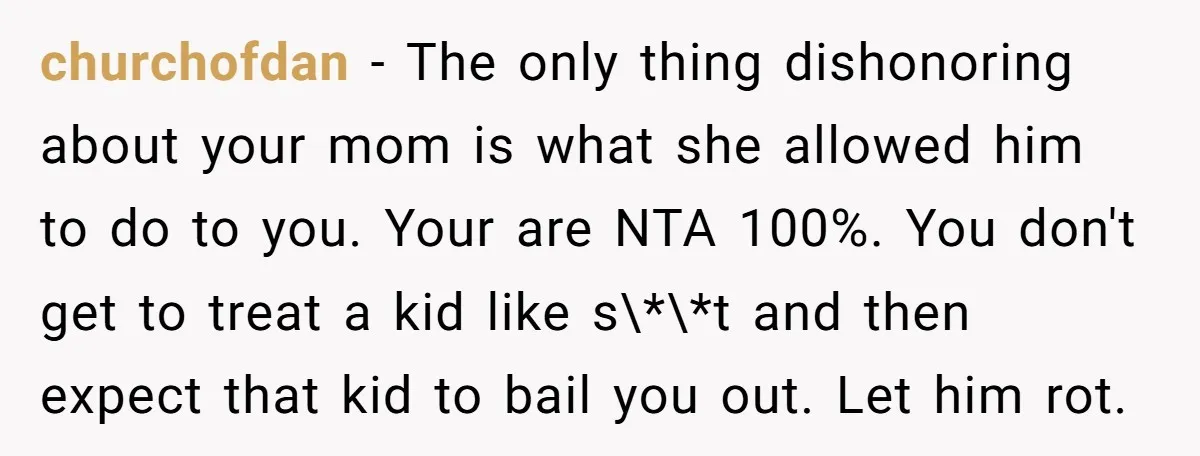 churchofdan − The only thing dishonoring about your mom is what she allowed him to do to you. Your are NTA 100%. You don't get to treat a kid like...