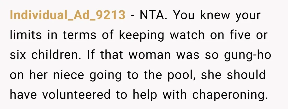 Individual_Ad_9213 − NTA. You knew your limits in terms of keeping watch on five or six children. If that woman was so gung-ho on her niece going to the pool,...