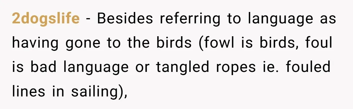 2dogslife − Besides referring to language as having gone to the birds (fowl is birds, foul is bad language or tangled ropes ie. fouled lines in sailing),