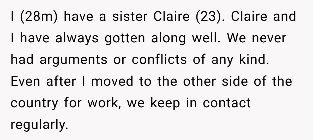 I (28m) have a sister Claire (23). Claire and I have always gotten along well. We never had arguments or conflicts of any kind. Even after I moved to the...