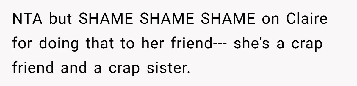 NTA but SHAME SHAME SHAME on Claire for doing that to her friend--- she's a crap friend and a crap sister.