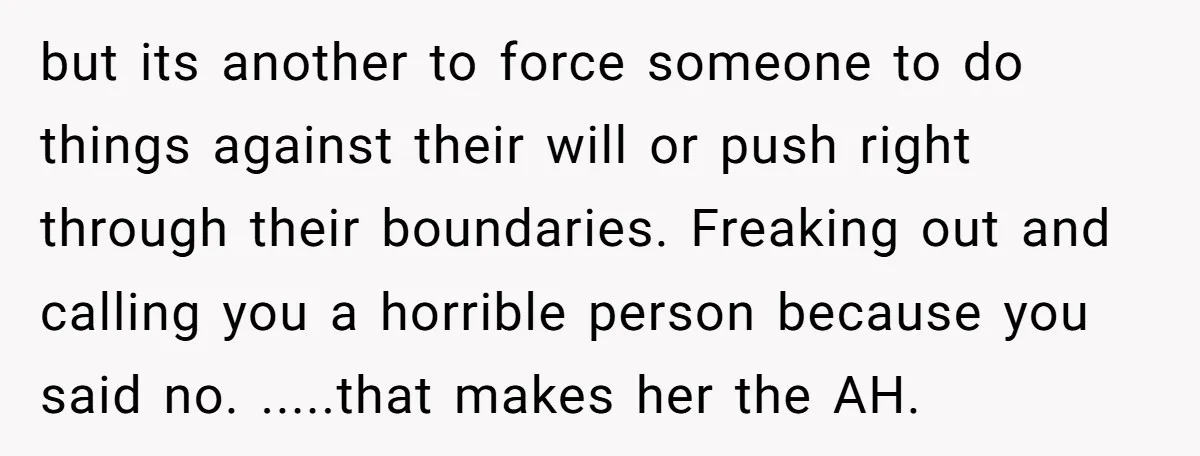 but its another to force someone to do things against their will or push right through their boundaries. Freaking out and calling you a horrible person because you said no....