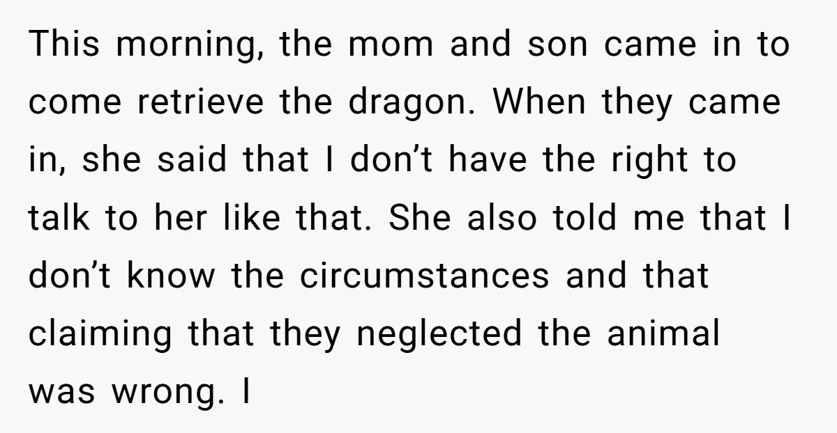 This morning, the mom and son came in to come retrieve the dragon. When they came in, she said that I don’t have the right to talk to her like...