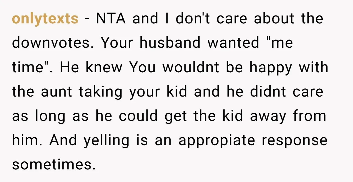onlytexts − NTA and I don't care about the downvotes. Your husband wanted "me time". He knew You wouldnt be happy with the aunt taking your kid and he didnt...