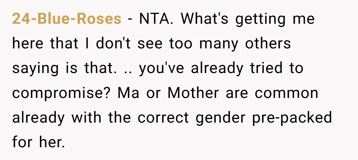 24-Blue-Roses − NTA. What's getting me here that I don't see too many others saying is that. .. you've already tried to compromise? Ma or Mother are common already with...
