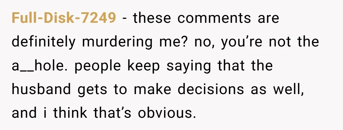 Full-Disk-7249 − these comments are definitely murdering me? no, you’re not the a__hole. people keep saying that the husband gets to make decisions as well, and i think that’s obvious.