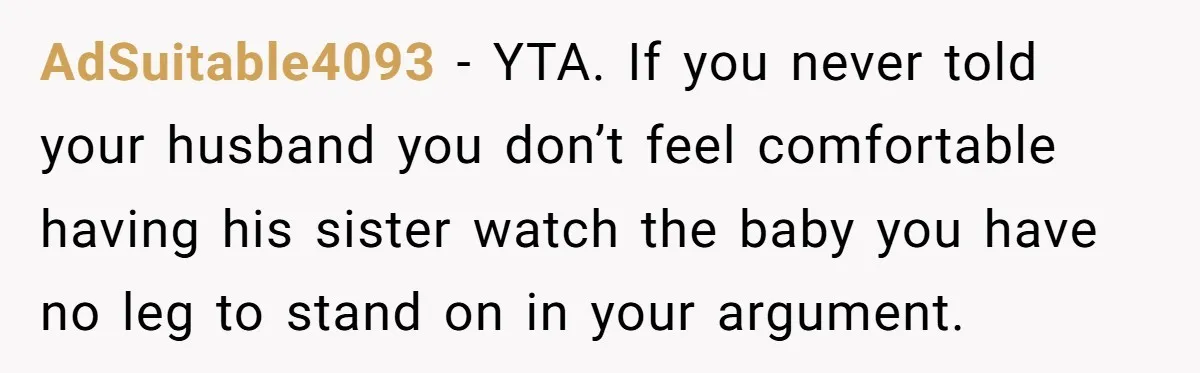 AdSuitable4093 − YTA. If you never told your husband you don’t feel comfortable having his sister watch the baby you have no leg to stand on in your argument.