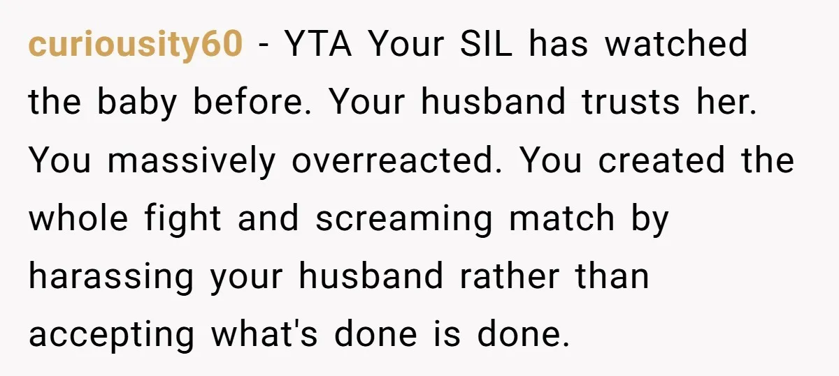 curiousity60 − YTA Your SIL has watched the baby before. Your husband trusts her. You massively overreacted. You created the whole fight and screaming match by harassing your husband rather...