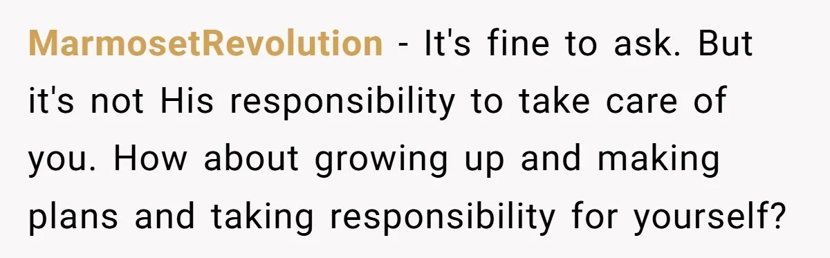 MarmosetRevolution − It's fine to ask. But it's not His responsibility to take care of you. How about growing up and making plans and taking responsibility for yourself?