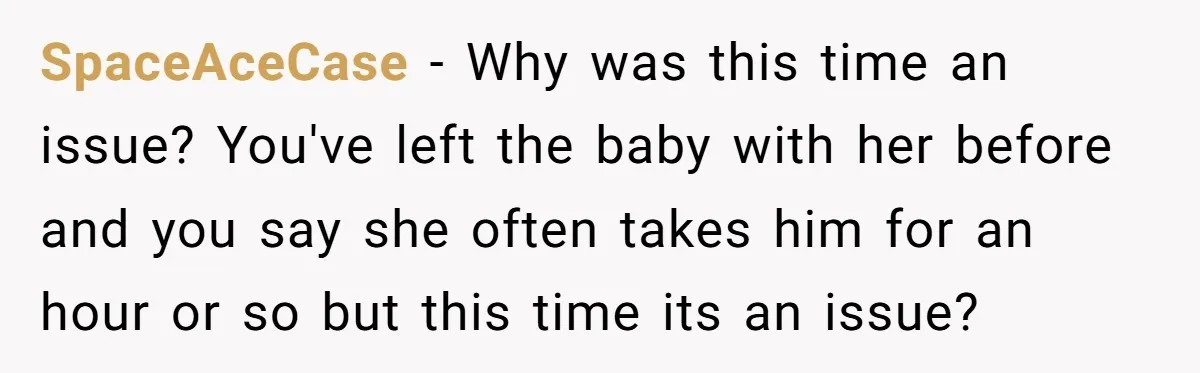 SpaceAceCase − Why was this time an issue? You've left the baby with her before and you say she often takes him for an hour or so but this time...