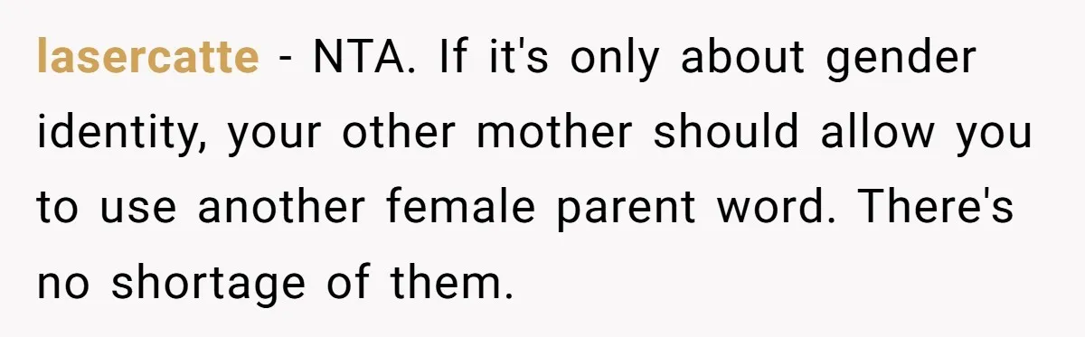 lasercatte − NTA. If it's only about gender identity, your other mother should allow you to use another female parent word. There's no shortage of them.