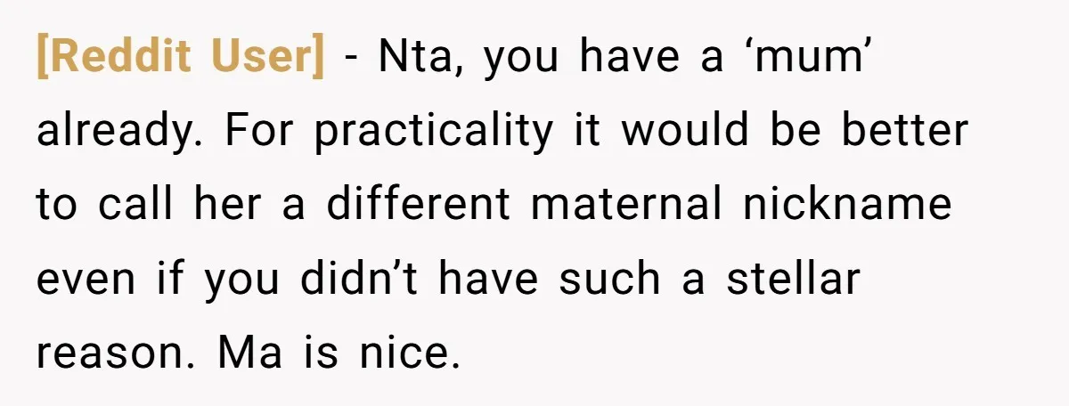 [Reddit User] − Nta, you have a ‘mum’ already. For practicality it would be better to call her a different maternal nickname even if you didn’t have such a stellar...