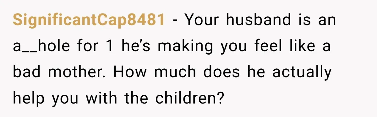 SignificantCap8481 − Your husband is an a__hole for 1 he’s making you feel like a bad mother. How much does he actually help you with the children?