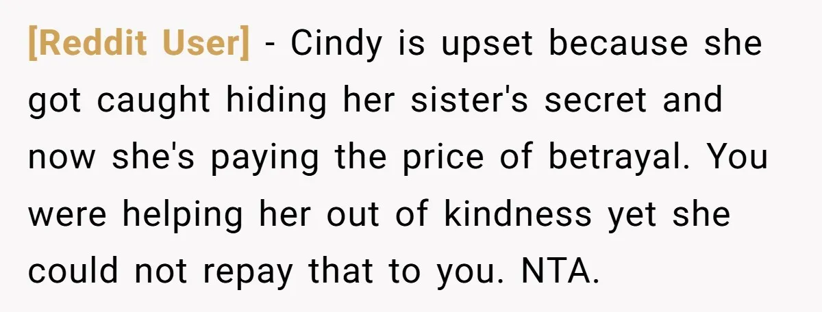[Reddit User] − Cindy is upset because she got caught hiding her sister's secret and now she's paying the price of betrayal. You were helping her out of kindness yet...