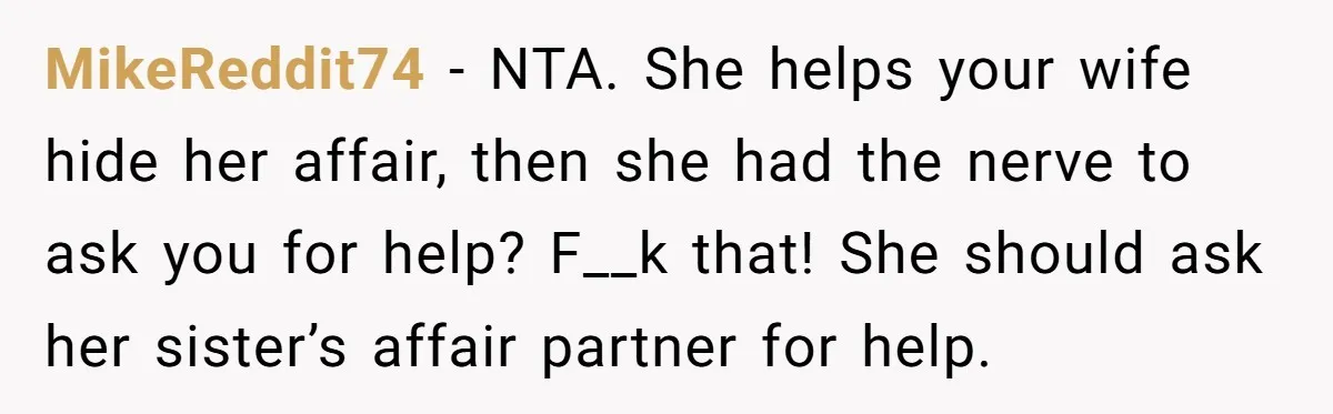 MikeReddit74 − NTA. She helps your wife hide her affair, then she had the nerve to ask you for help? F__k that! She should ask her sister’s affair partner for...
