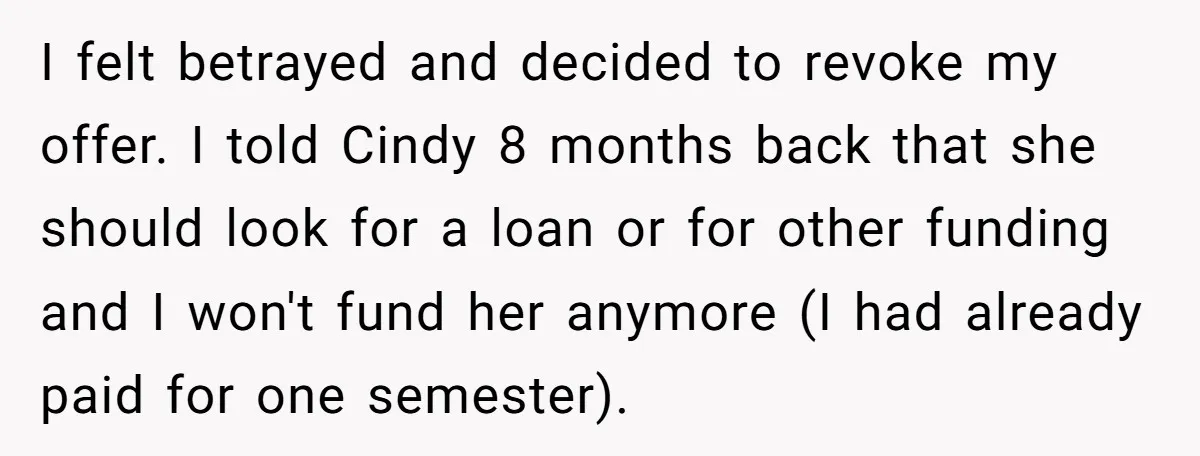 I felt betrayed and decided to revoke my offer. I told Cindy 8 months back that she should look for a loan or for other funding and I won't fund...