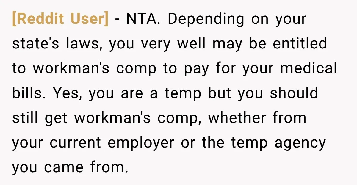 [Reddit User] − NTA. Depending on your state's laws, you very well may be entitled to workman's comp to pay for your medical bills. Yes, you are a temp but...