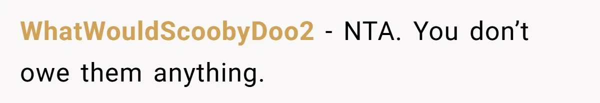 WhatWouldScoobyDoo2 − NTA. You don’t owe them anything.