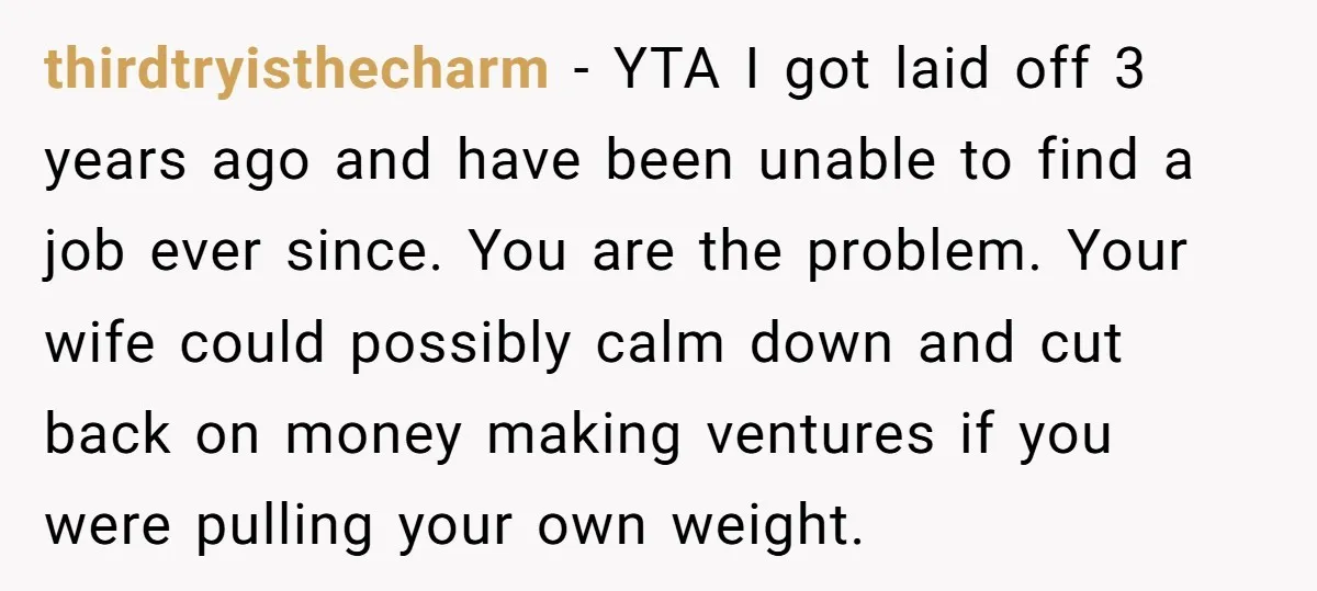 thirdtryisthecharm − YTA I got laid off 3 years ago and have been unable to find a job ever since. You are the problem. Your wife could possibly calm down...