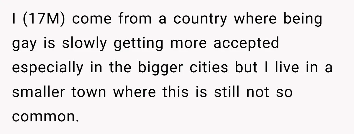 I (17M) come from a country where being gay is slowly getting more accepted especially in the bigger cities but I live in a smaller town where this is still...