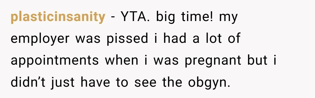 plasticinsanity − YTA. big time! my employer was pissed i had a lot of appointments when i was pregnant but i didn’t just have to see the obgyn.