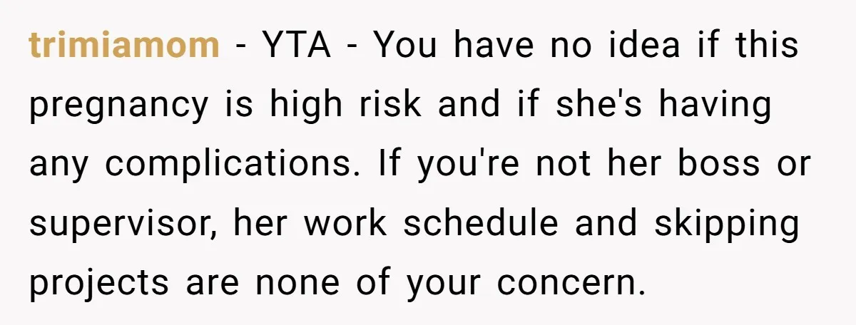 trimiamom − YTA - You have no idea if this pregnancy is high risk and if she's having any complications. If you're not her boss or supervisor, her work schedule...